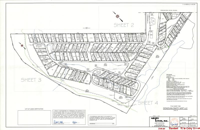 The full site plan for Donovan-Smith Manufactured Home Park was presented by the applicant’s attorney for the first time during a May 6 Lewes Planning Commission meeting. The plan shows 129 leased-land areas, 34 of which are unoccupied. CITY OF LEWES IMAGE